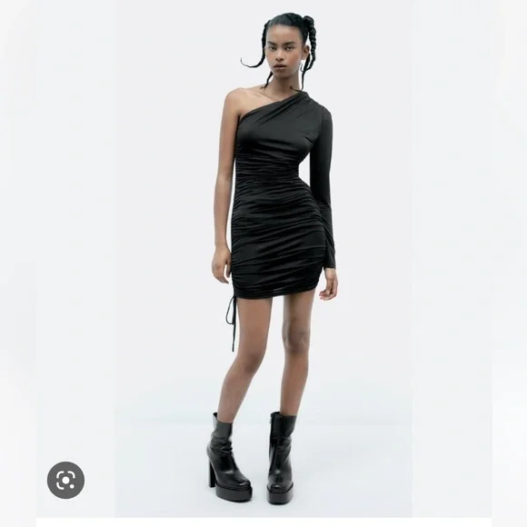 Zara | Dresses | Zara Black Ruched Asymmetric Dress Medium Nwt | Poshmark
